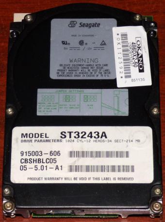 Seagate Model ST3243A 214MB HDD IDE (Okanao 486DX50) adaptec AIC-6070Q, Singapore 1993